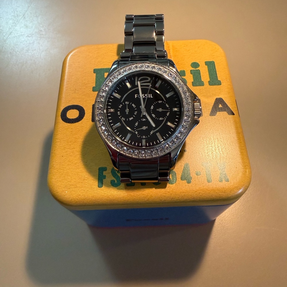 Fossil Black Dial Silver Band Watch